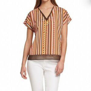 DKNY Orange Print V-Neck Chiffon-Trim Top Size: X-Large NWT